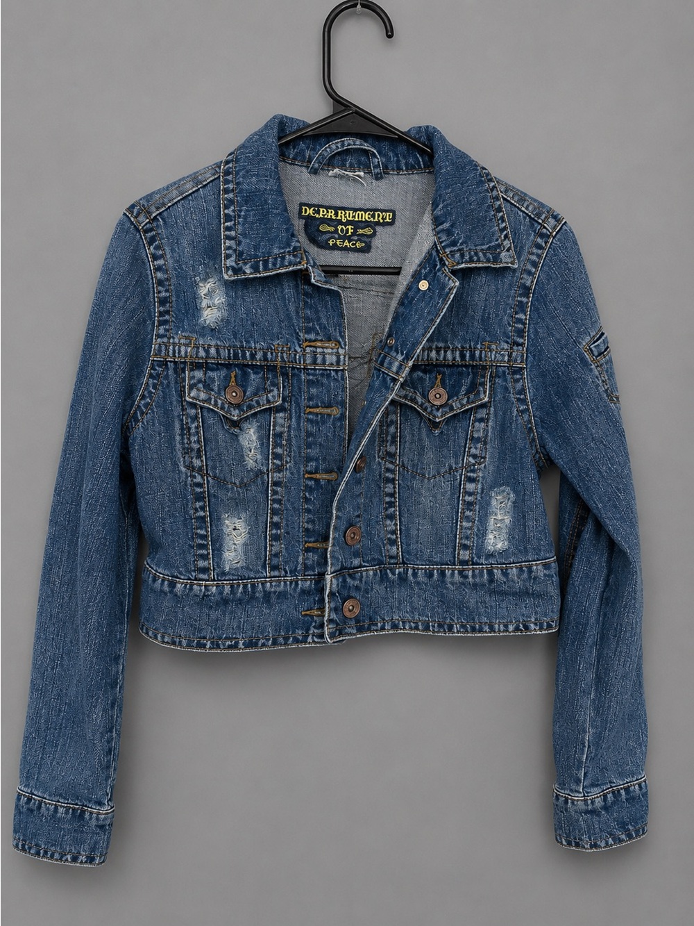 Department Of Peace Distressed Cropped Denim Jacket Women’s